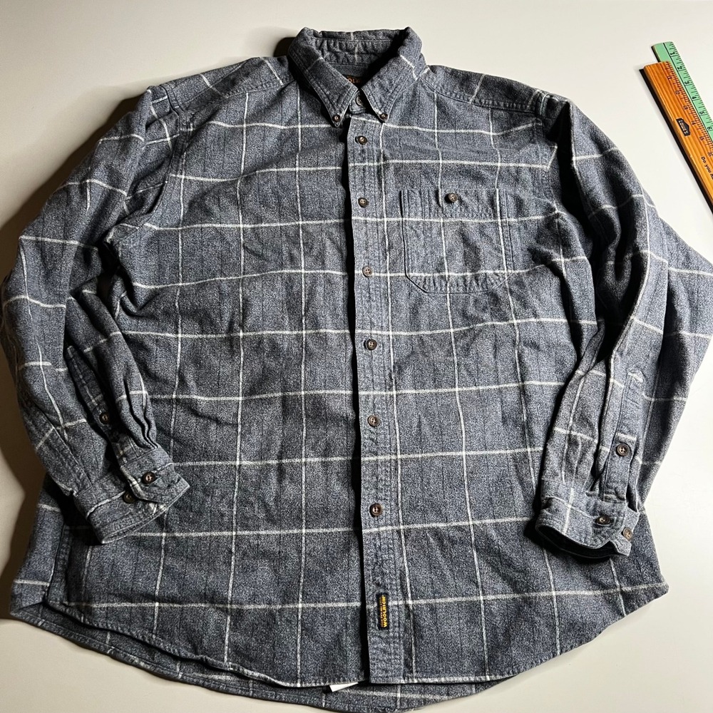 Woolrich Flannel Shirt Mens XL Blue White‎ Windowpane Plaid Cotton Button Down
